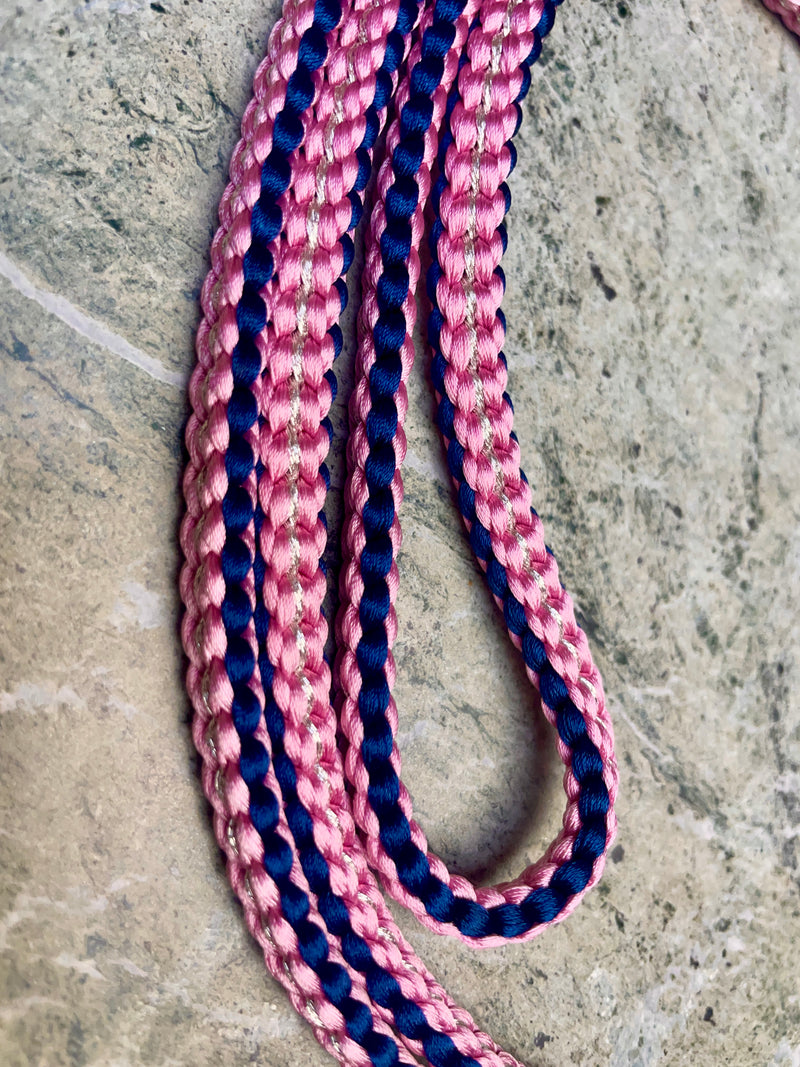 Obijime Belt Flat Braided Purple and Pink with Silver in Silk