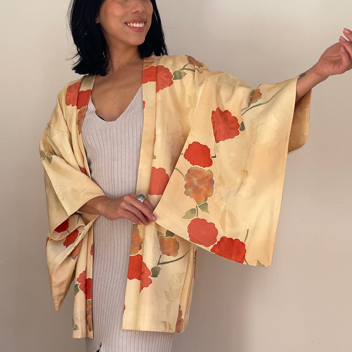 Haori Yellow Cream with Hand-painted Flowers in Silk