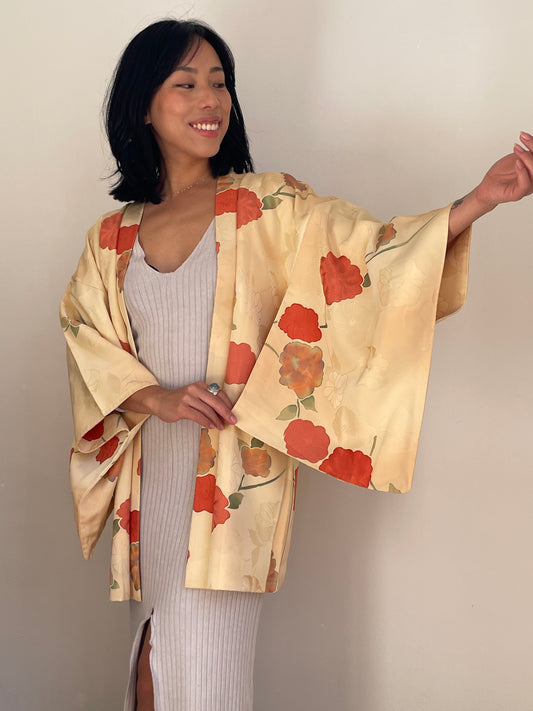Haori Yellow Cream with Hand-painted Flowers in Silk