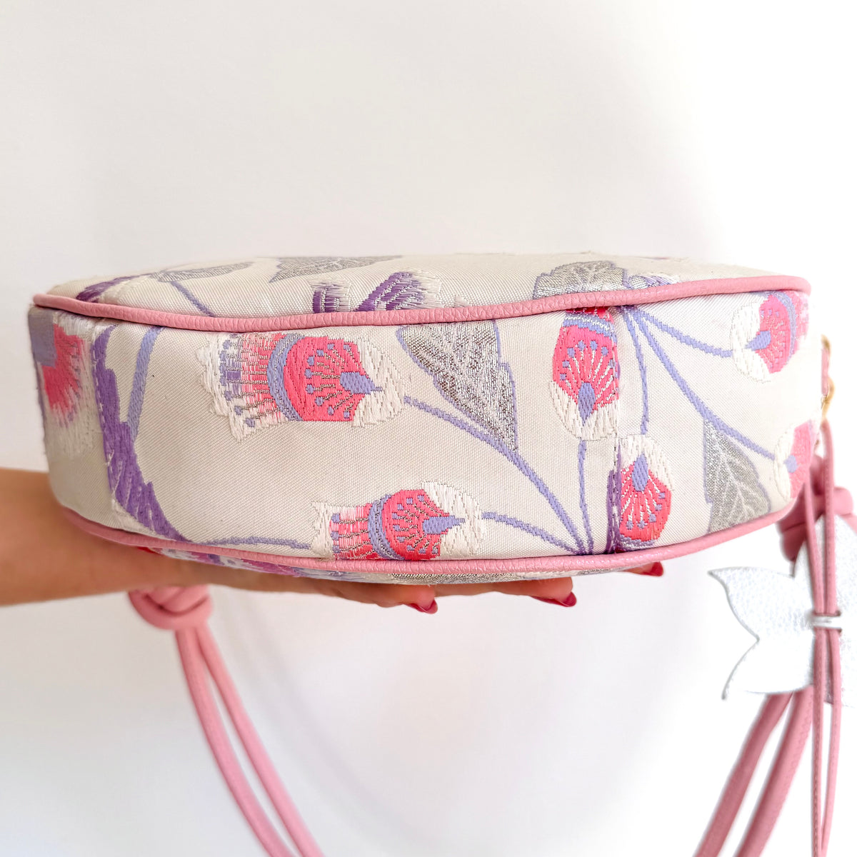 Aiko Bag: Metallic Pink and Blue Peacock and Flowers from Embroidered Obi Sash with Pink Leather Strap