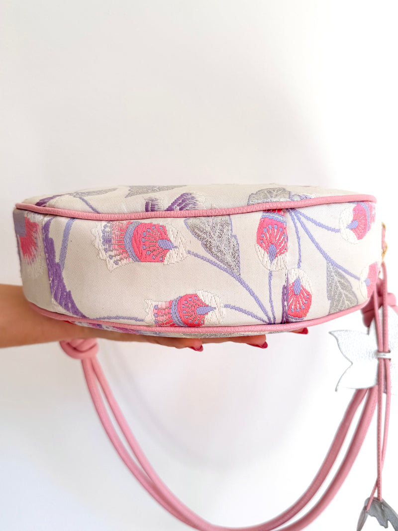 Aiko Bag: Metallic Pink and Blue Peacock and Flowers from Embroidered Obi Sash with Pink Leather Strap