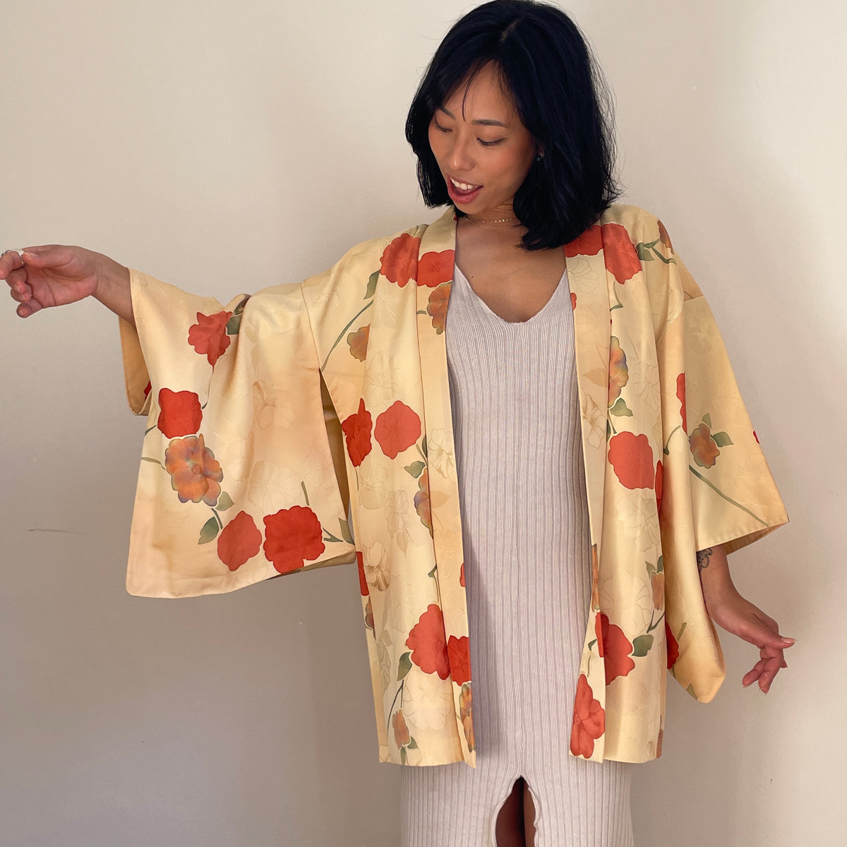 Haori Yellow Cream with Hand-painted Flowers in Silk