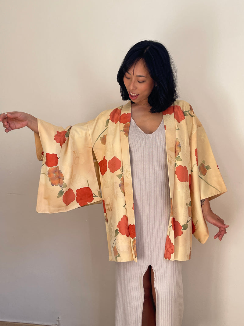 Haori Yellow Cream with Hand-painted Flowers in Silk