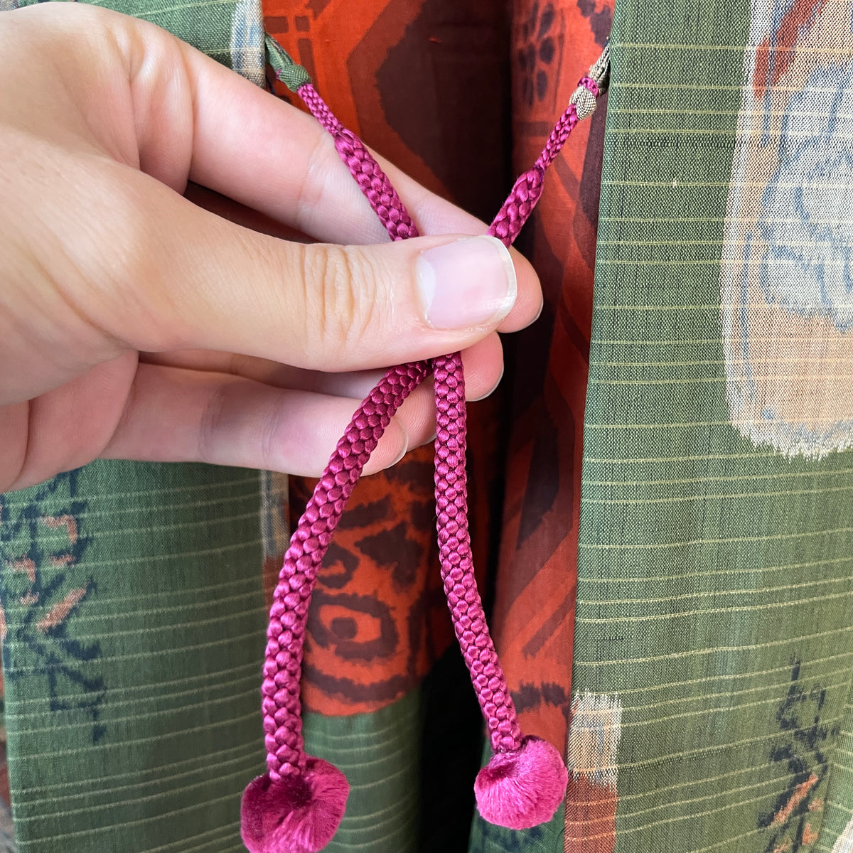 Haori Meisen Moss Green with Daruma Red Interior in Silk