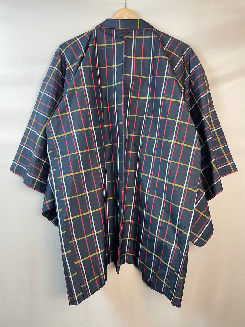 Haori in Dark Blue Checkered Multicolor Lines with Knot Closure