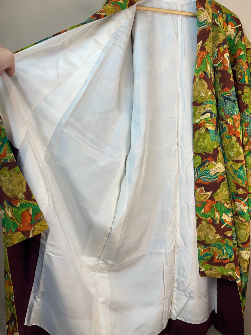 Kimono Dark Brown with Green Pattern of People in Kimono