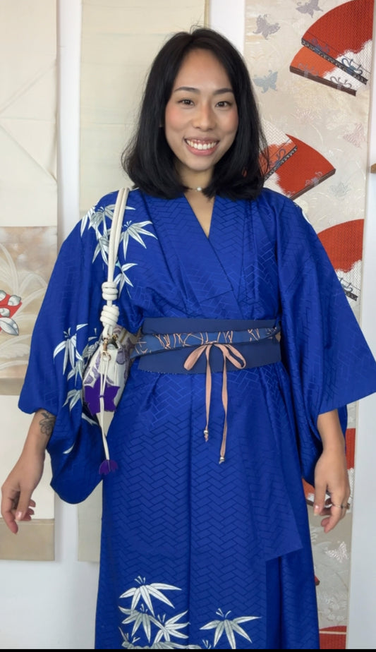 Kimono Single Layer Royal Blue with Painted Bamboo in Silk