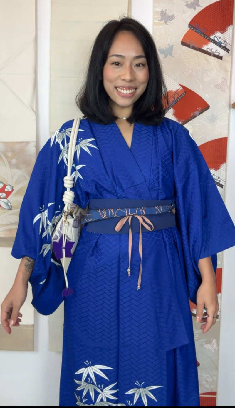 Kimono Single Layer Royal Blue with Painted Bamboo in Silk