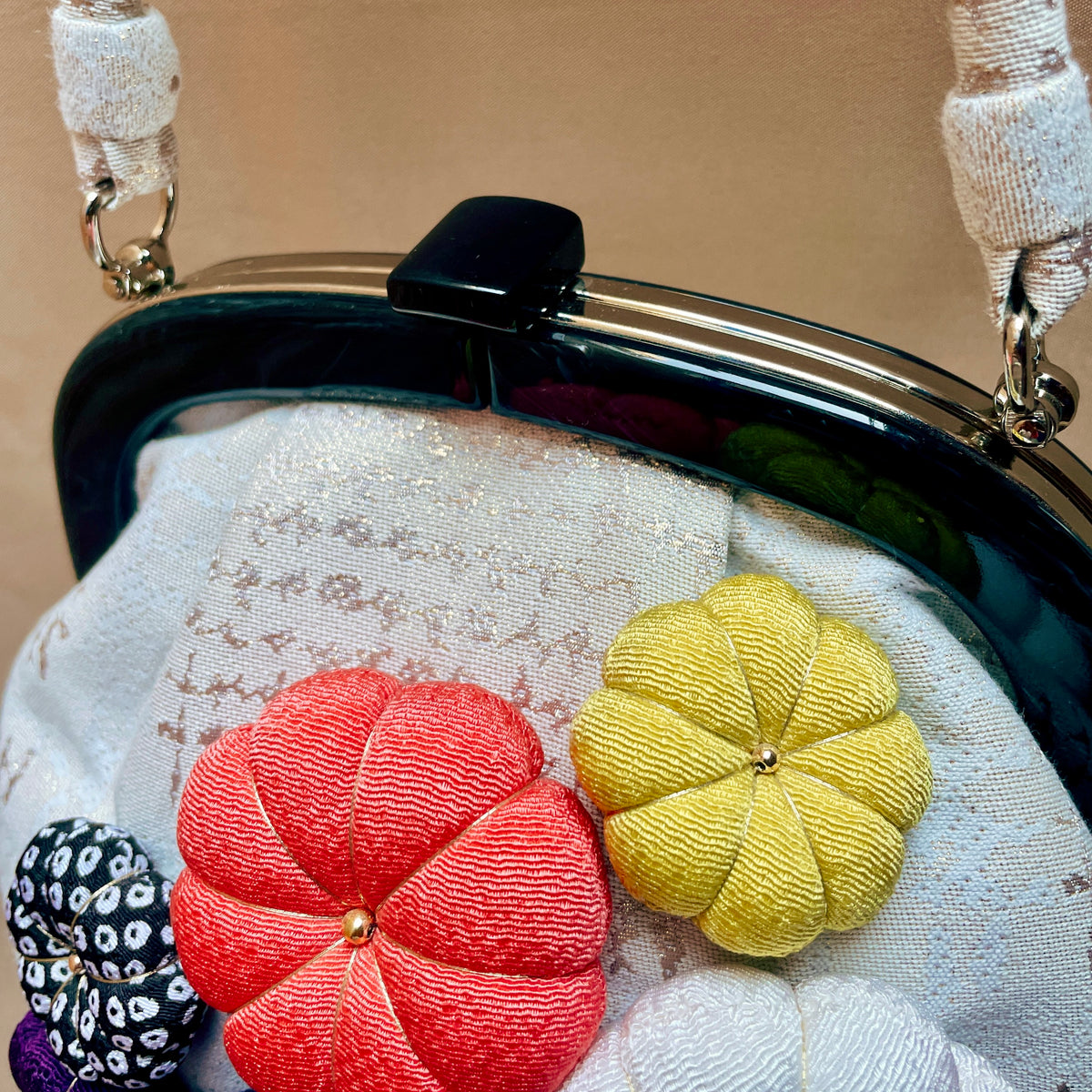 Japanese Handbag with Chirimen Flowers in Kimono Fabric