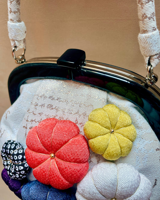 Japanese Handbag with Chirimen Flowers in Kimono Fabric