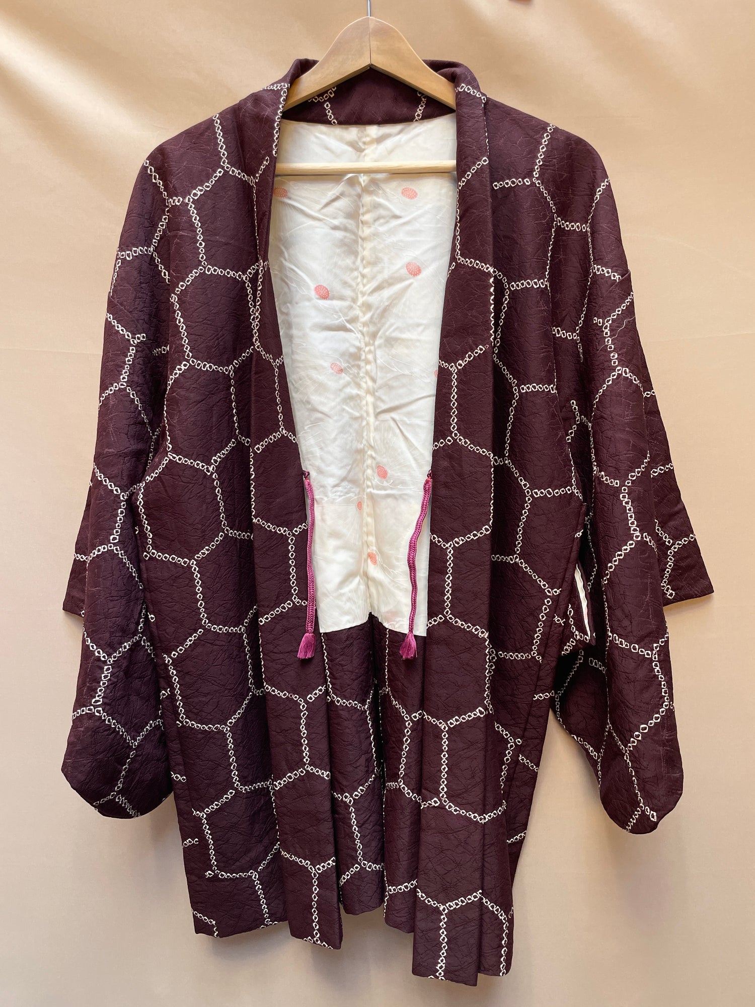 Haori Jacket Deep Brown Silk with Shibori Technique Patterns