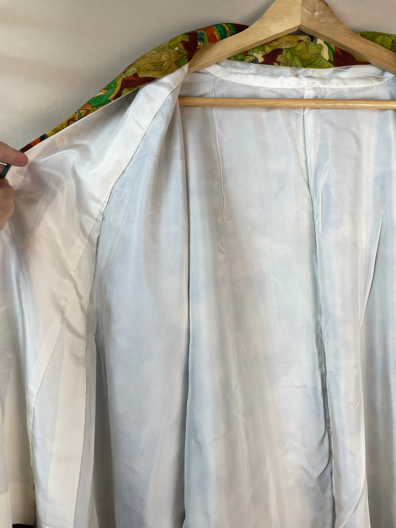 Kimono Dark Brown with Green Pattern of People in Kimono