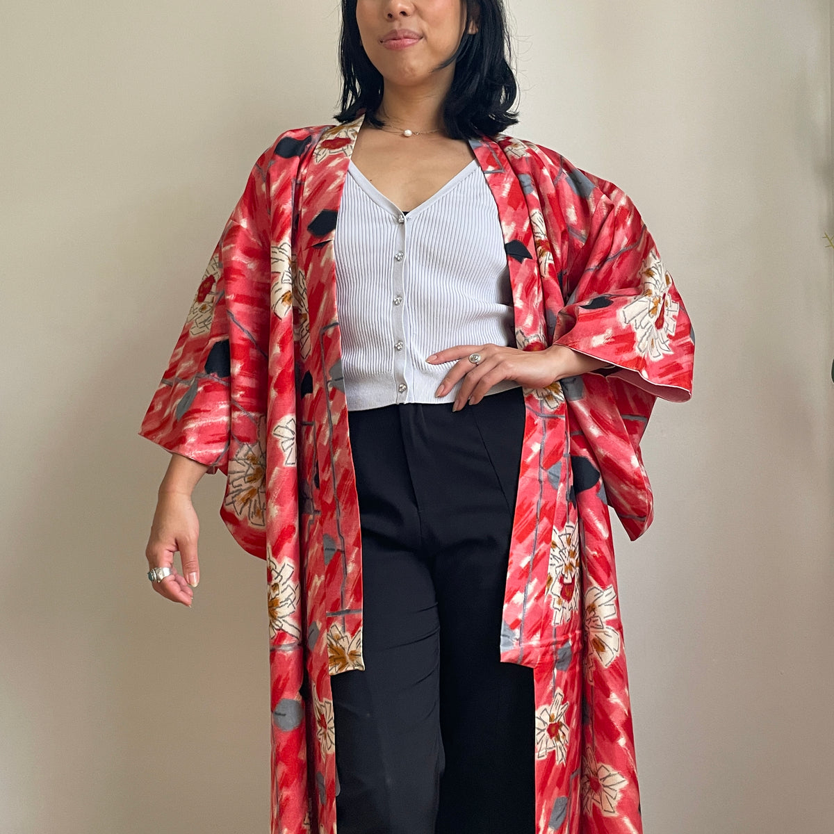 Kimono Vintage with Pink Drawings in Silk