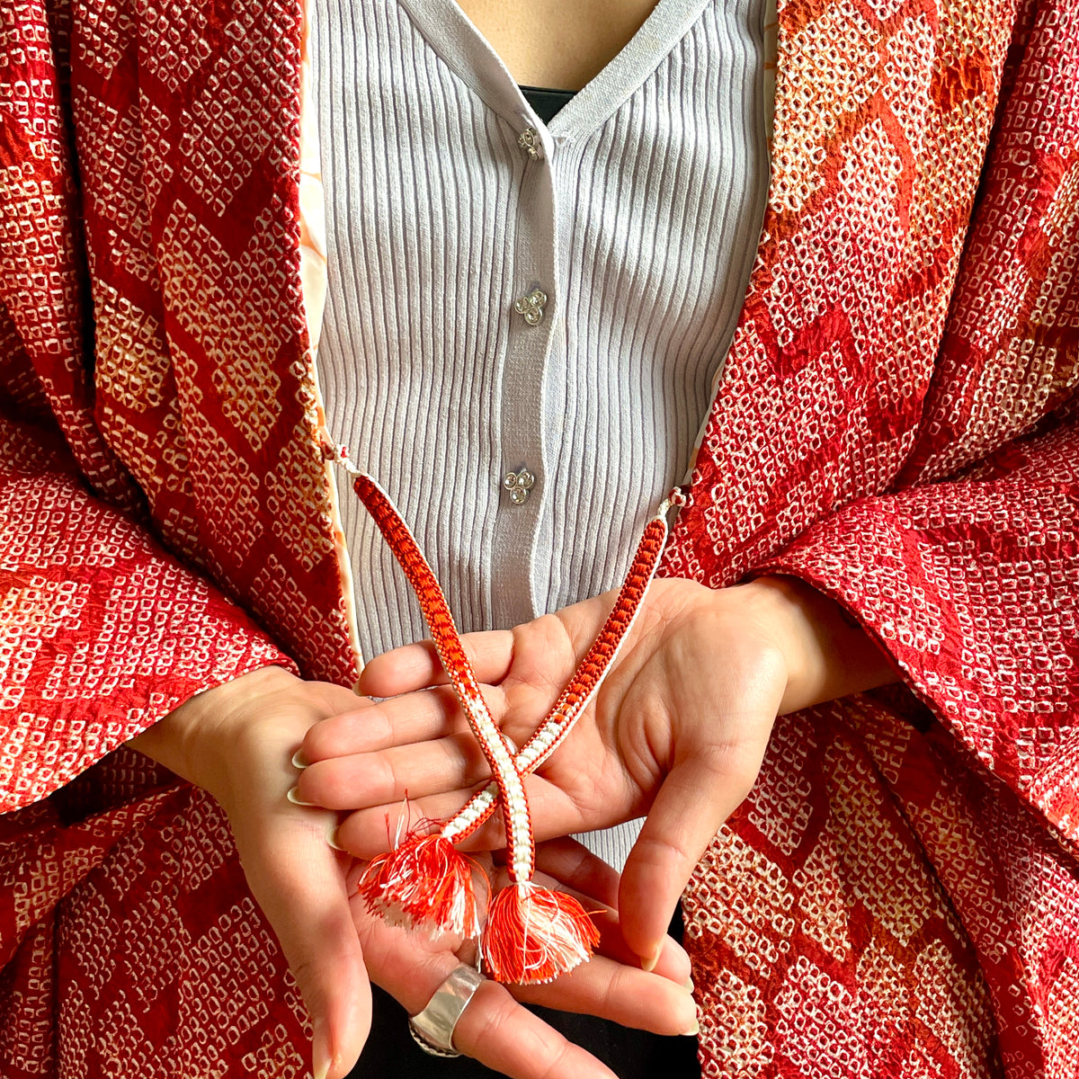 Haori Red Crayon Shibori Technique Geometric in Silk