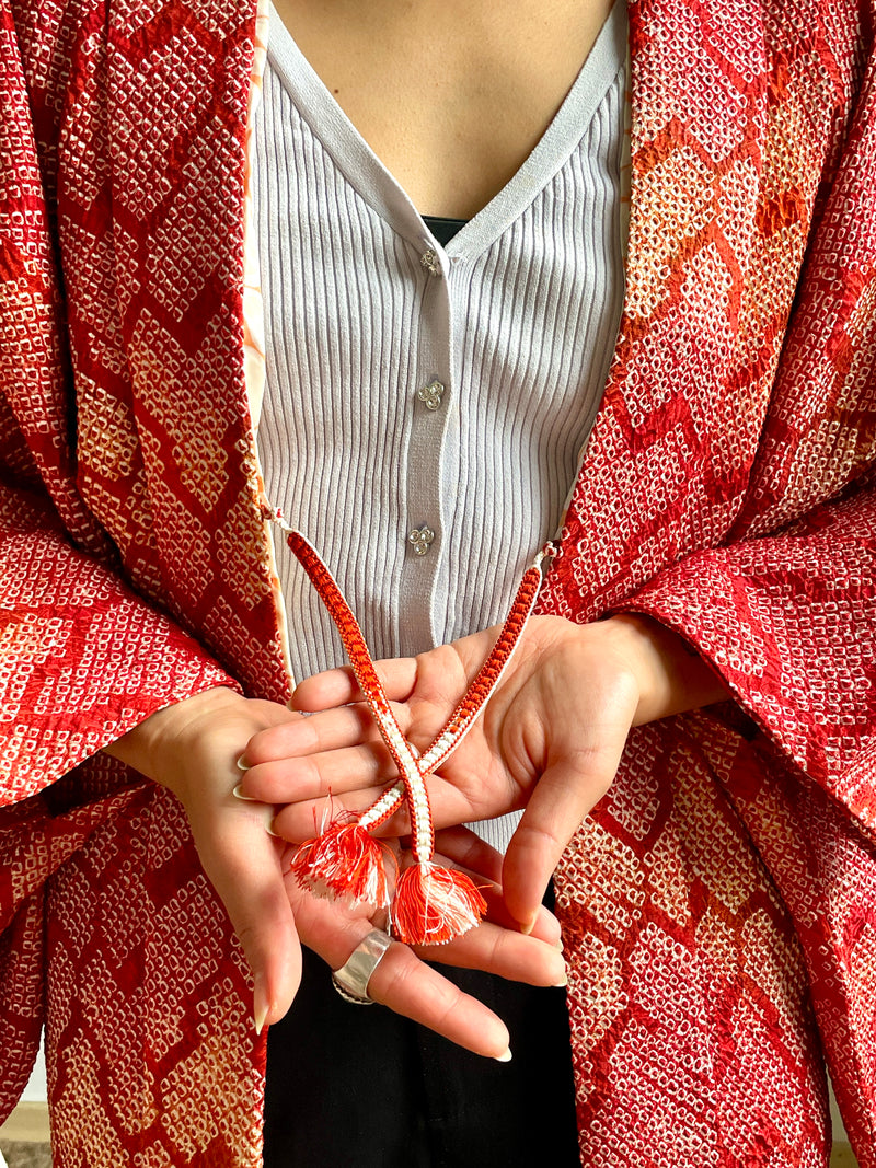 Haori Red Crayon Shibori Technique Geometric in Silk