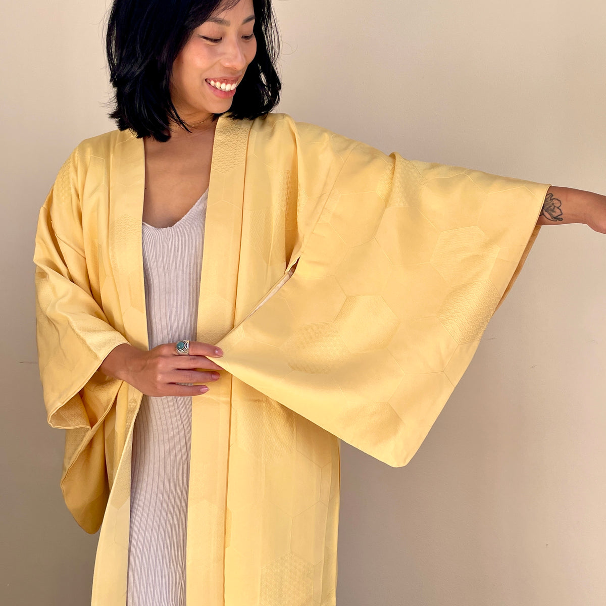 Haori Pale Yellow with Bee Hive with Texture in Silk