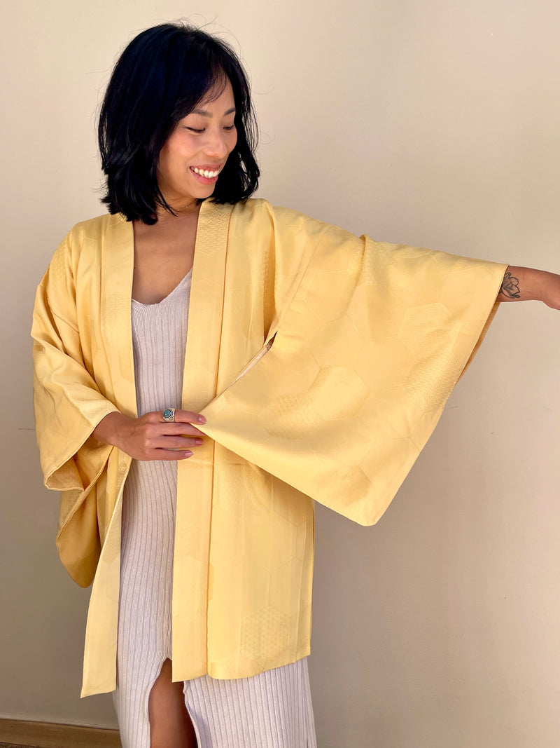 Haori Pale Yellow with Bee Hive with Texture in Silk