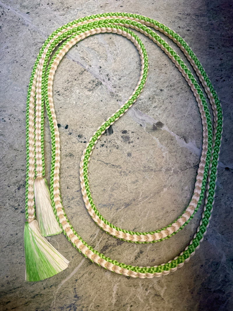 Obijime Belt Round Braid Green and White in Silk