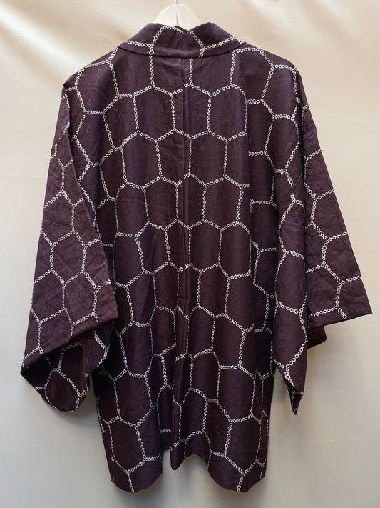 Haori Jacket Deep Brown Silk with Shibori Technique Patterns
