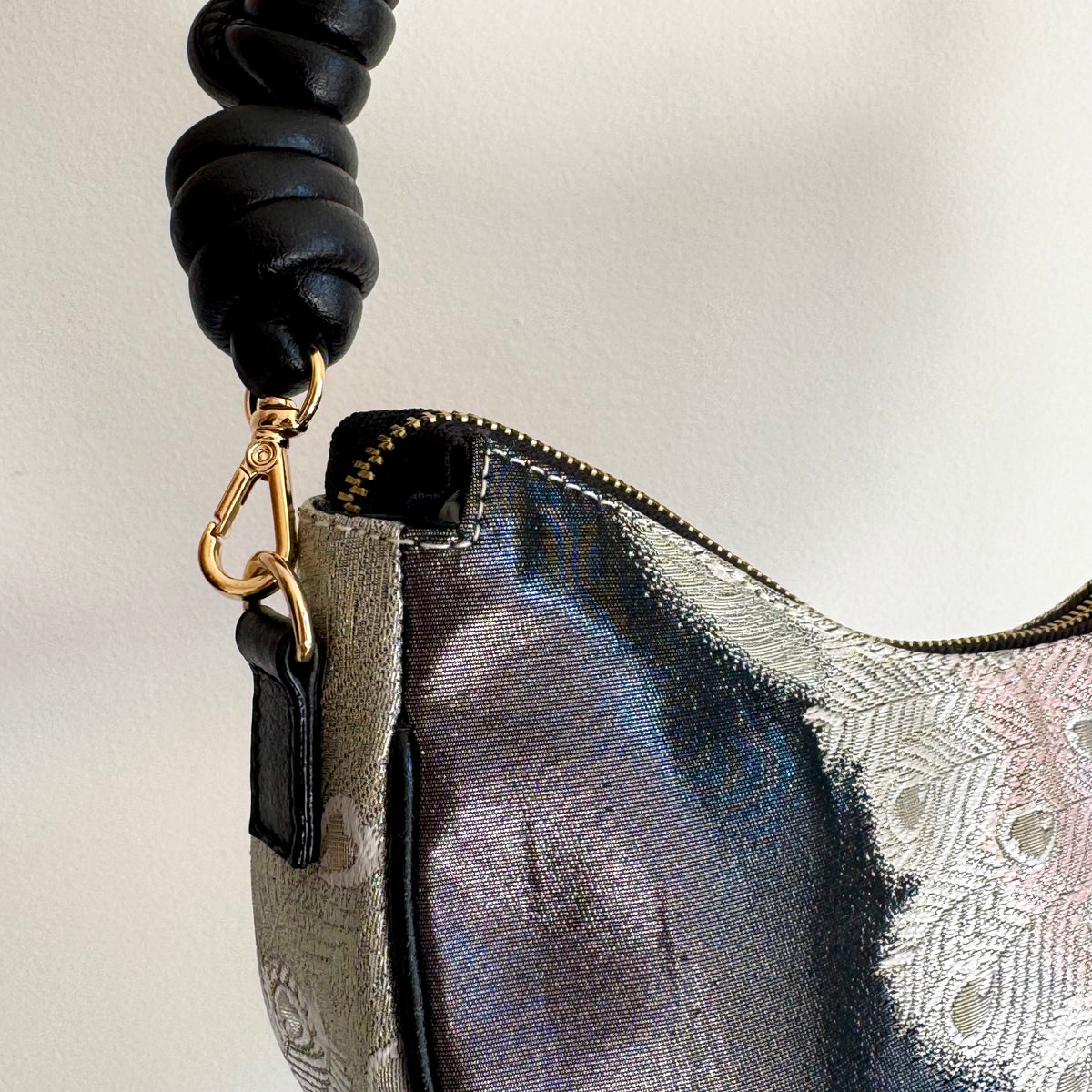 Aiko Bag: Black Metallic Black Peacock from Embroidered Obi Sash with Black Leather Strap