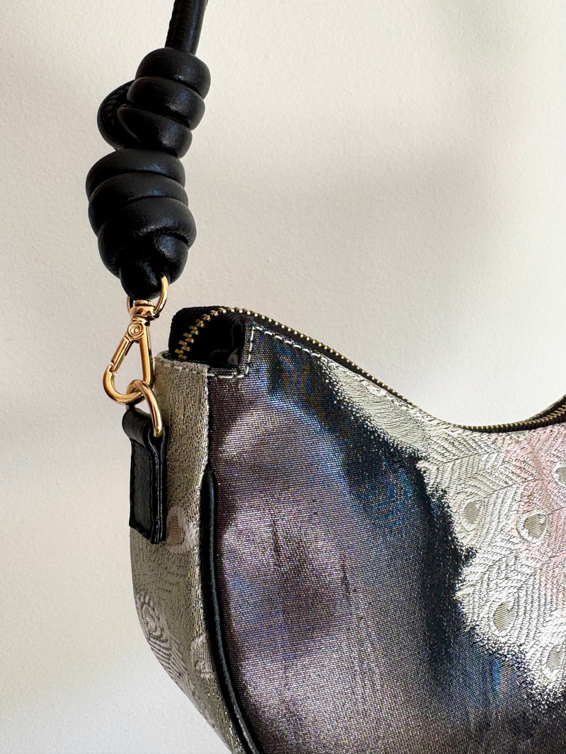 Aiko Bag: Black Metallic Black Peacock from Embroidered Obi Sash with Black Leather Strap