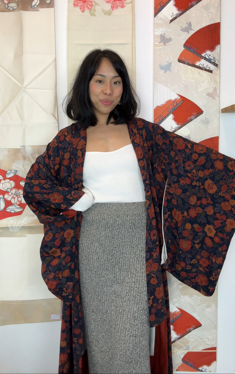Kimono Dark Blue with Orange Flowers in Silk