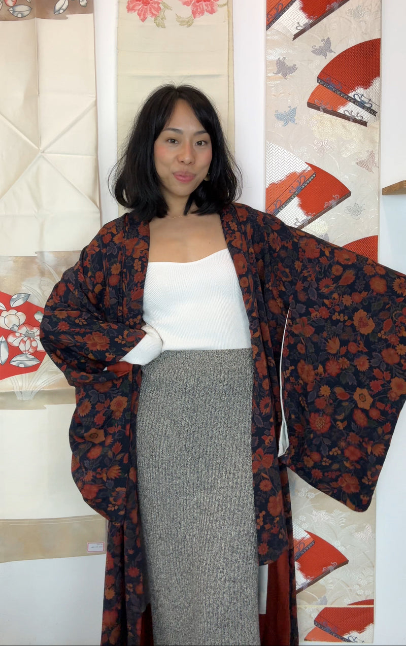 Kimono Dark Blue with Orange Flowers in Silk