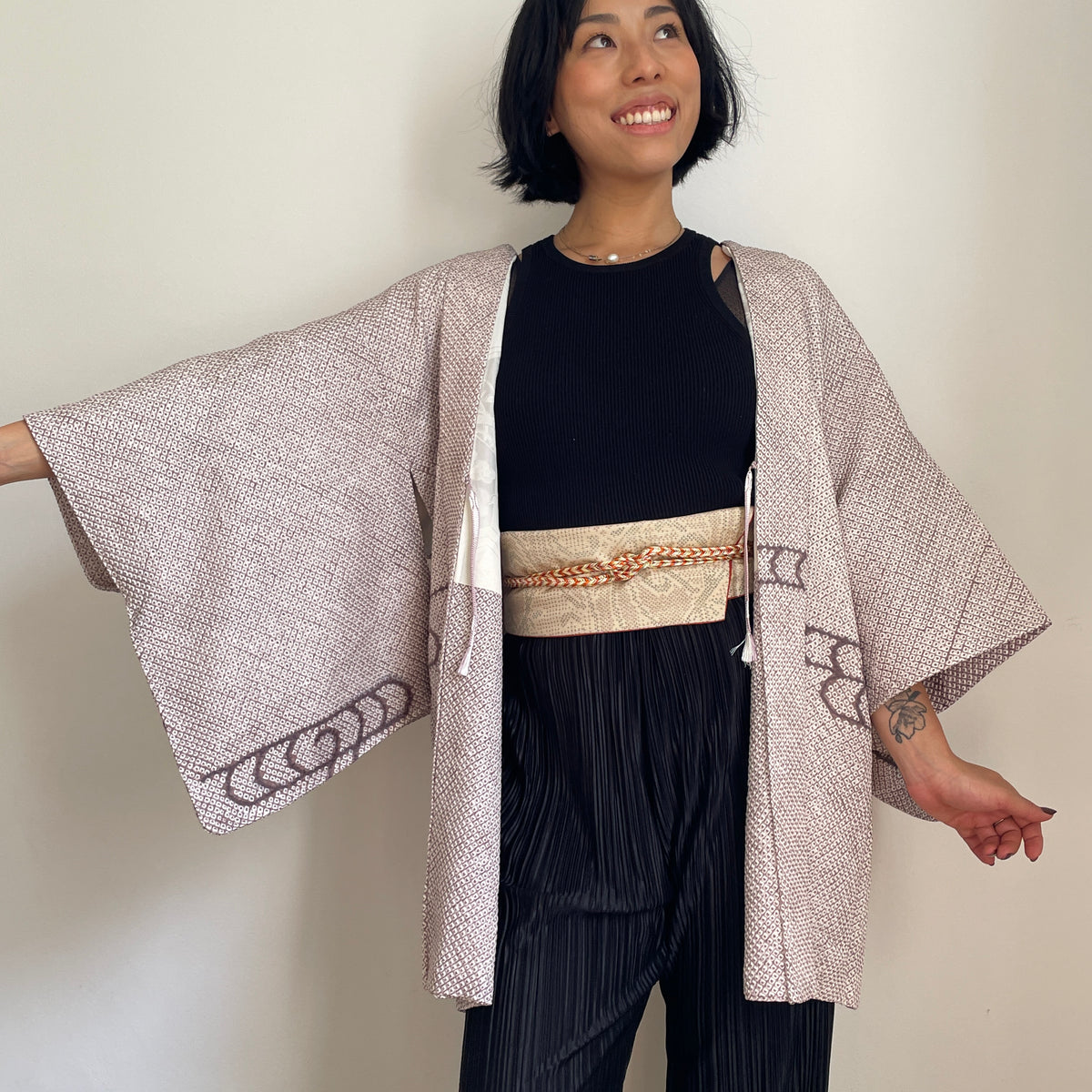 Haori Clouds Grey in Shibori Technique in Silk