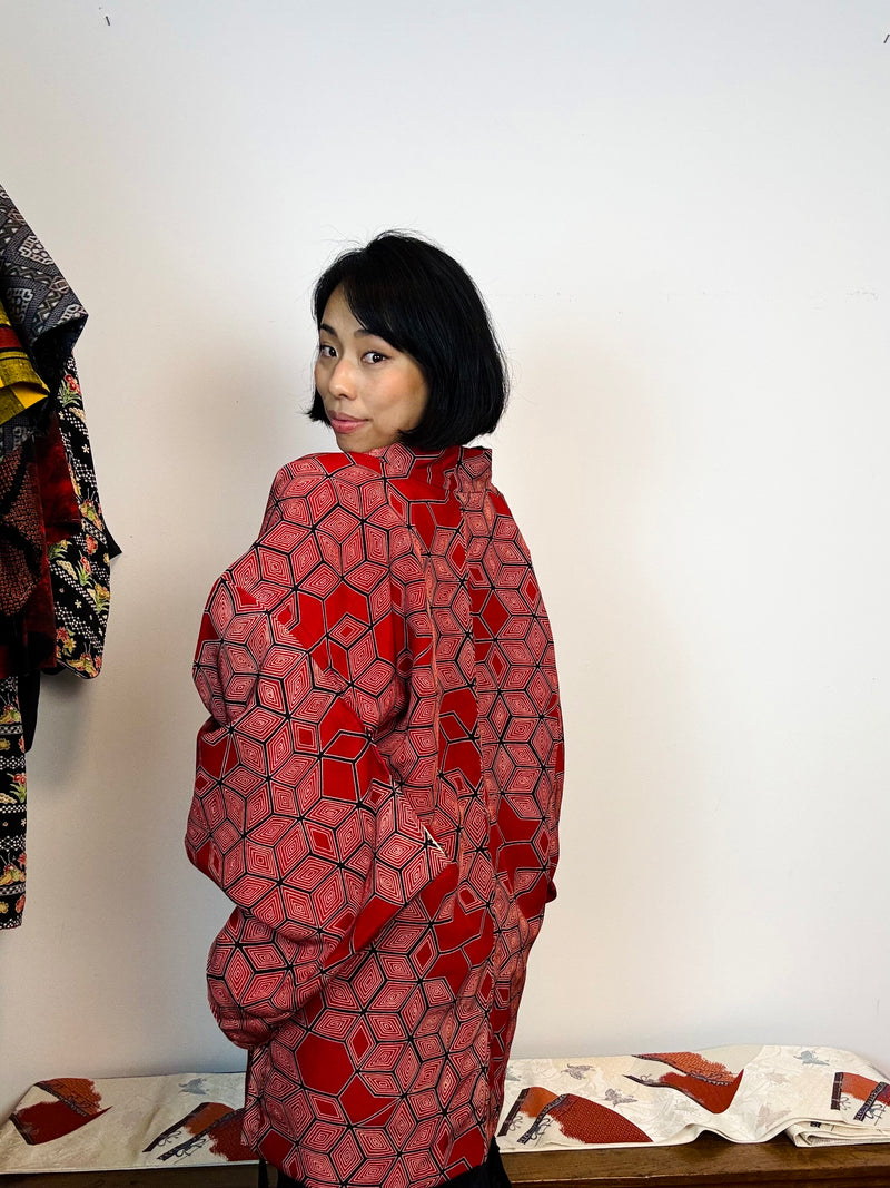Haori Red Geometric Cubic Shapes