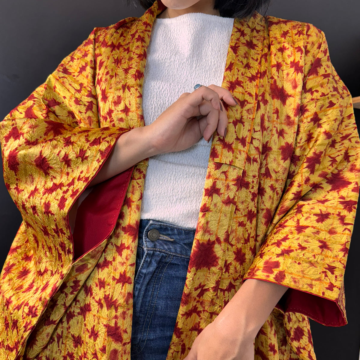 Kimono Golden Sun with Red Shibori Technique in Silk