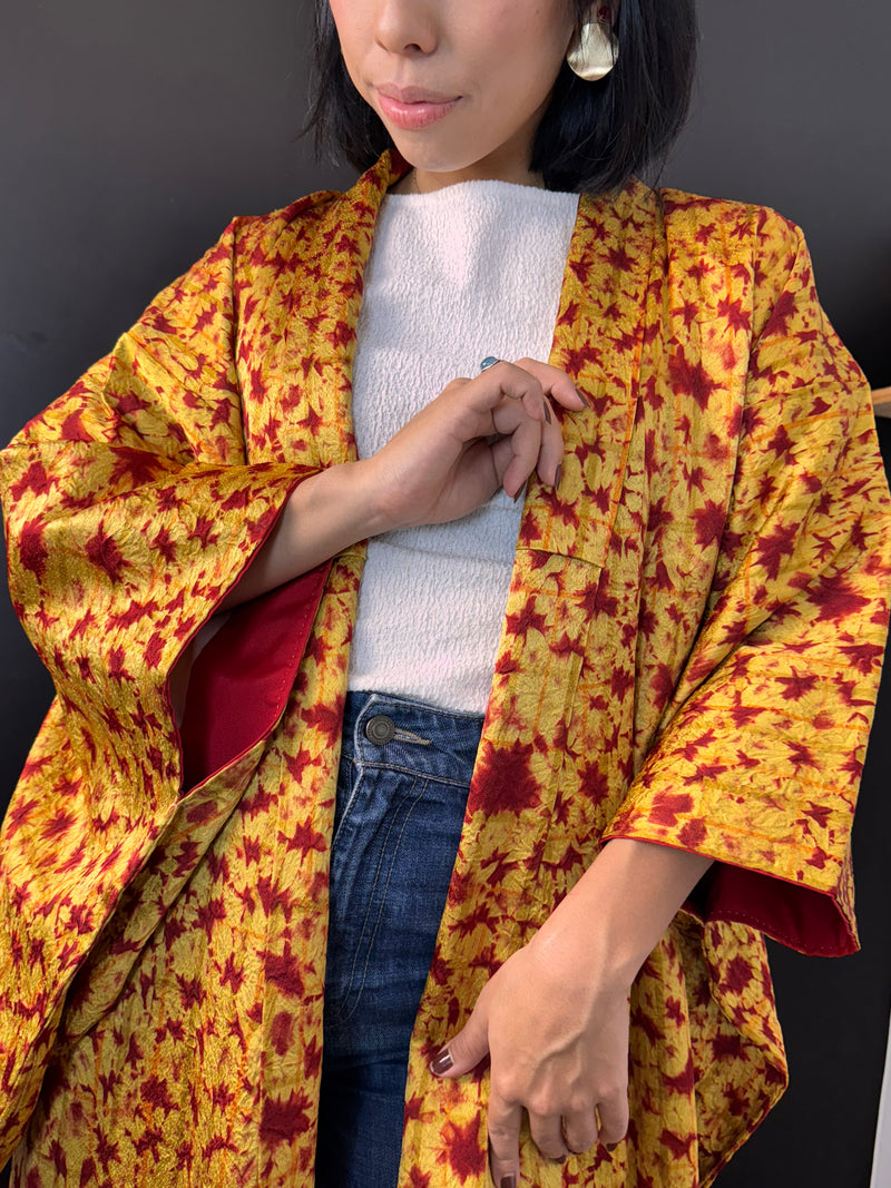 Kimono Golden Sun with Red Shibori Technique in Silk