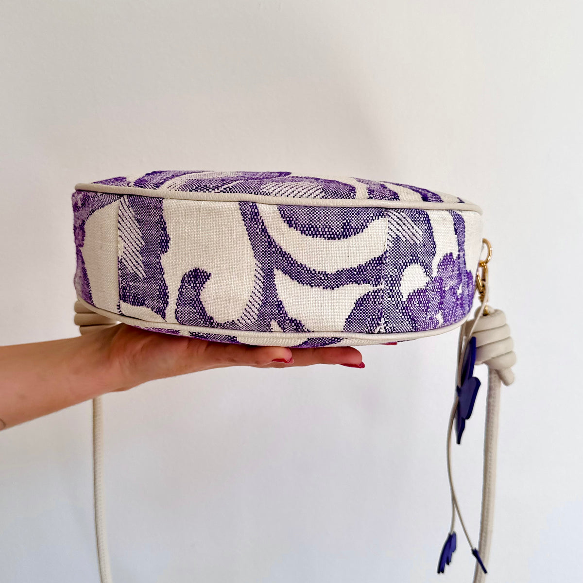 Aiko Bag: Fuji - White and Purple from Woven Japanese Obi Sash with White Leather Strap