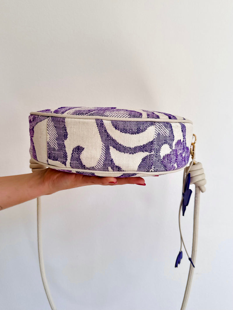 Aiko Bag: Fuji - White and Purple from Woven Japanese Obi Sash with White Leather Strap
