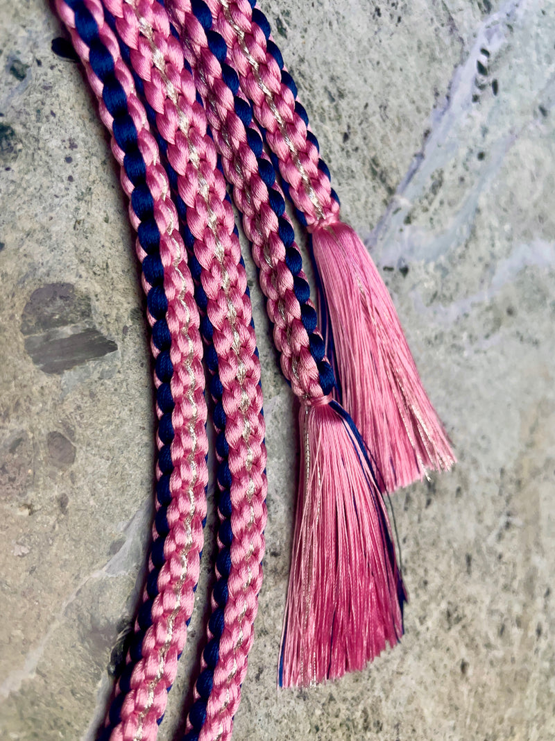 Obijime Belt Flat Braided Purple and Pink with Silver in Silk