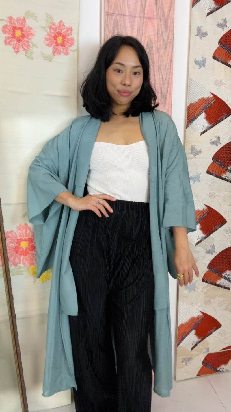 Kimono Summer Sheer with Leaves Blue in Silk