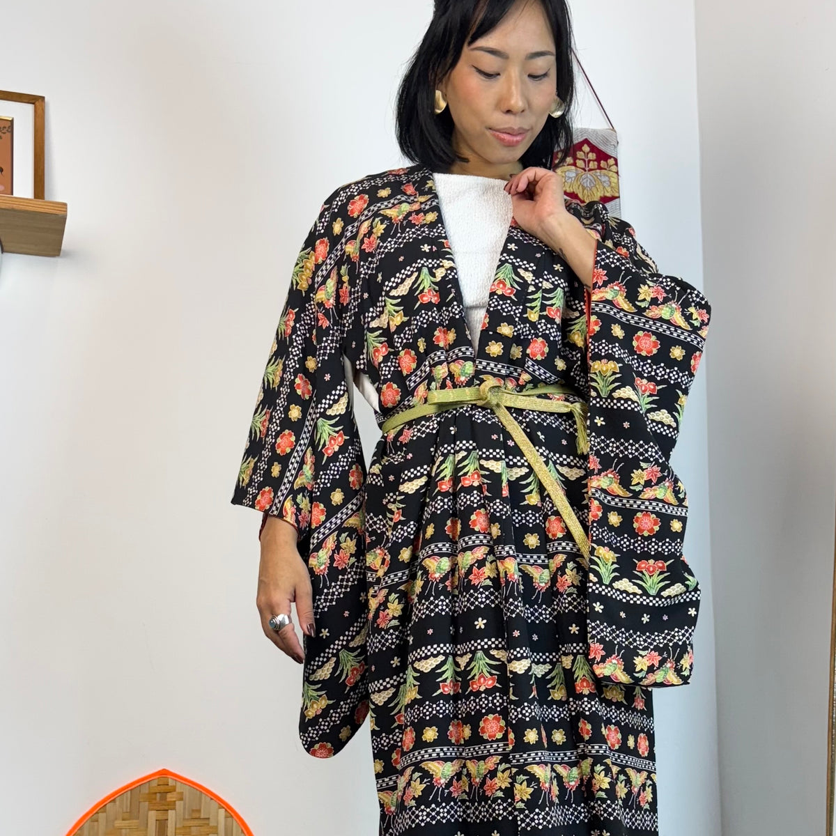 Kimono Black Summer with Red and White in Silk