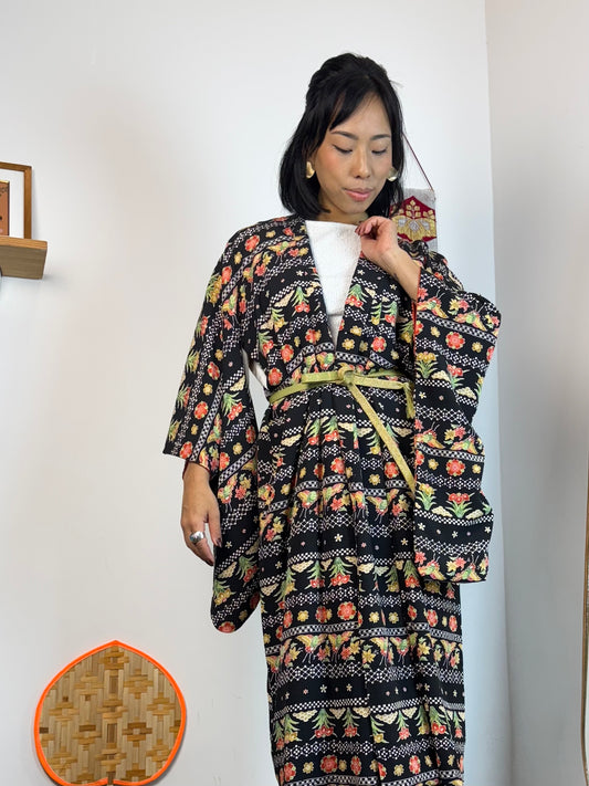 Kimono Black Summer with Red and White in Silk