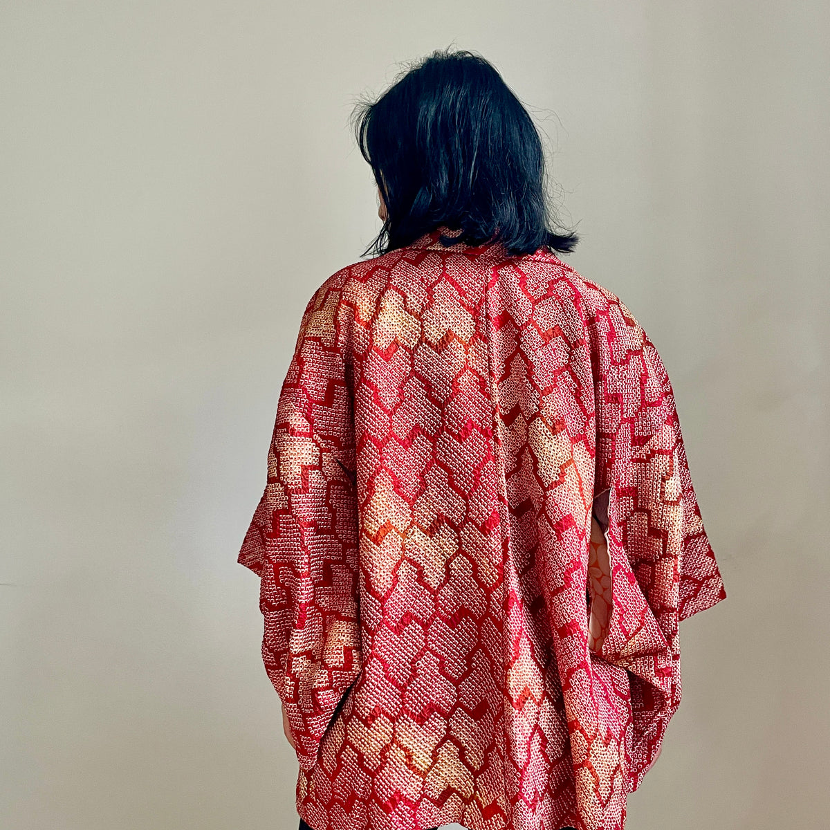 Haori Red Crayon Shibori Technique Geometric in Silk