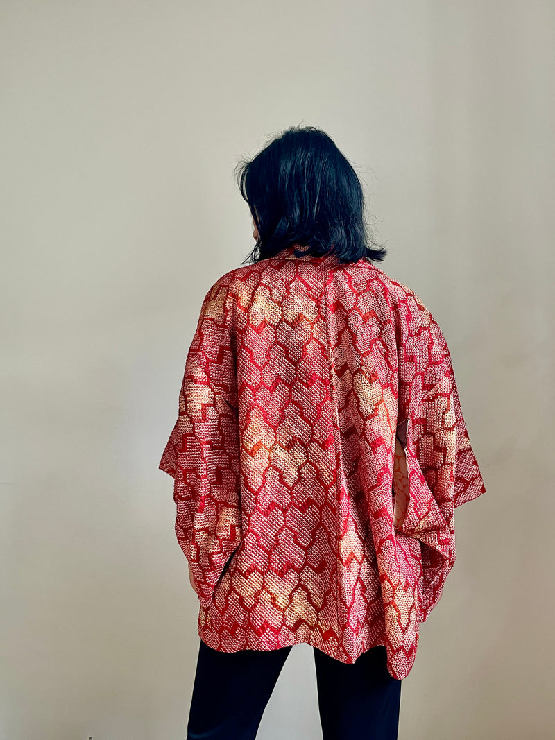 Haori Red Crayon Shibori Technique Geometric in Silk