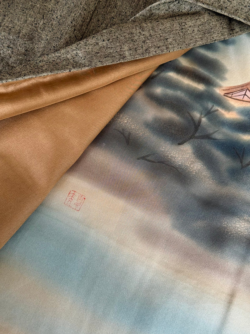 Kimono Mens Grey and Haori Black with Sakura interior