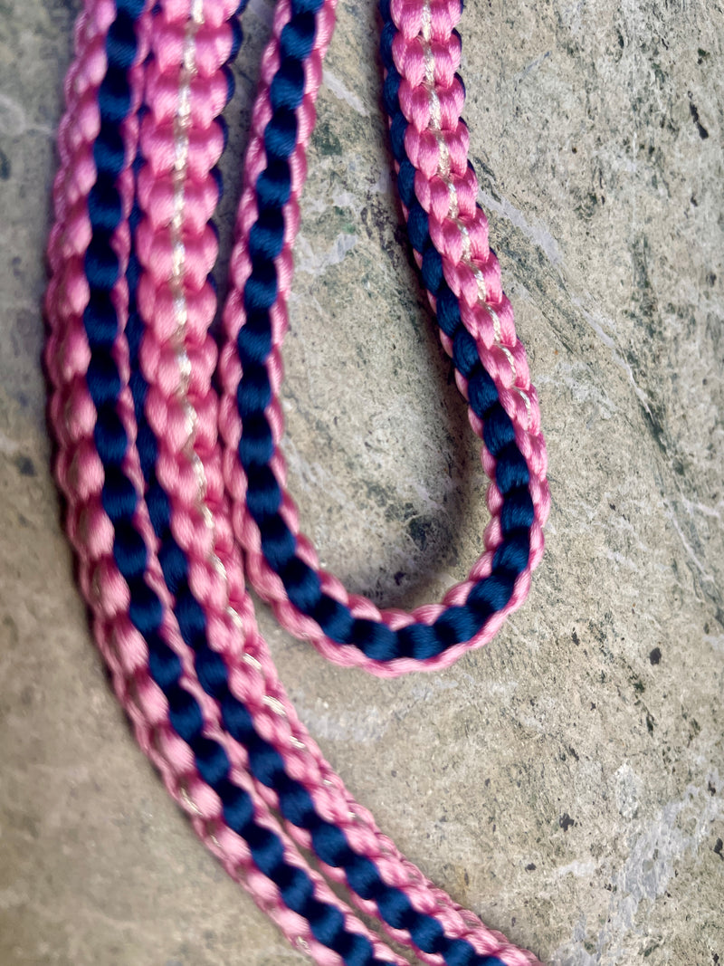 Obijime Belt Flat Braided Purple and Pink with Silver in Silk