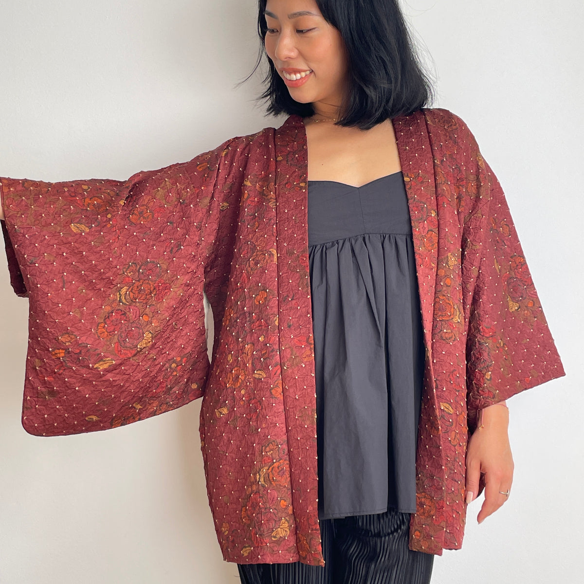 Haori Dark Burgundy in Shibori with Tsujihagana Style Flowers