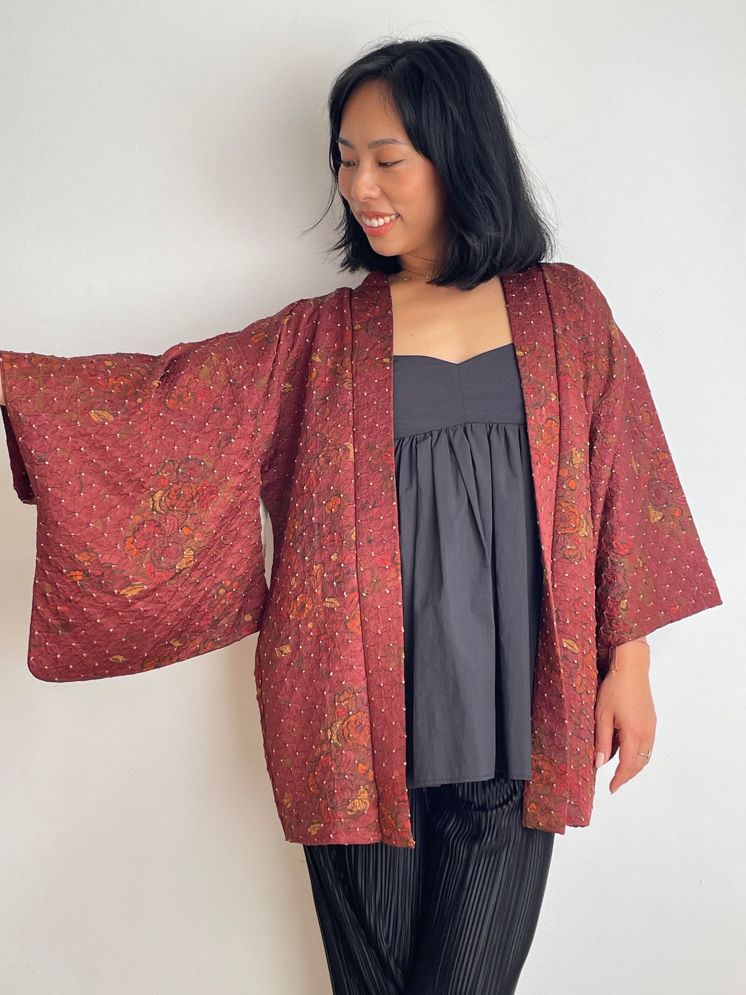Haori Dark Burgundy in Shibori with Tsujihagana Style Flowers