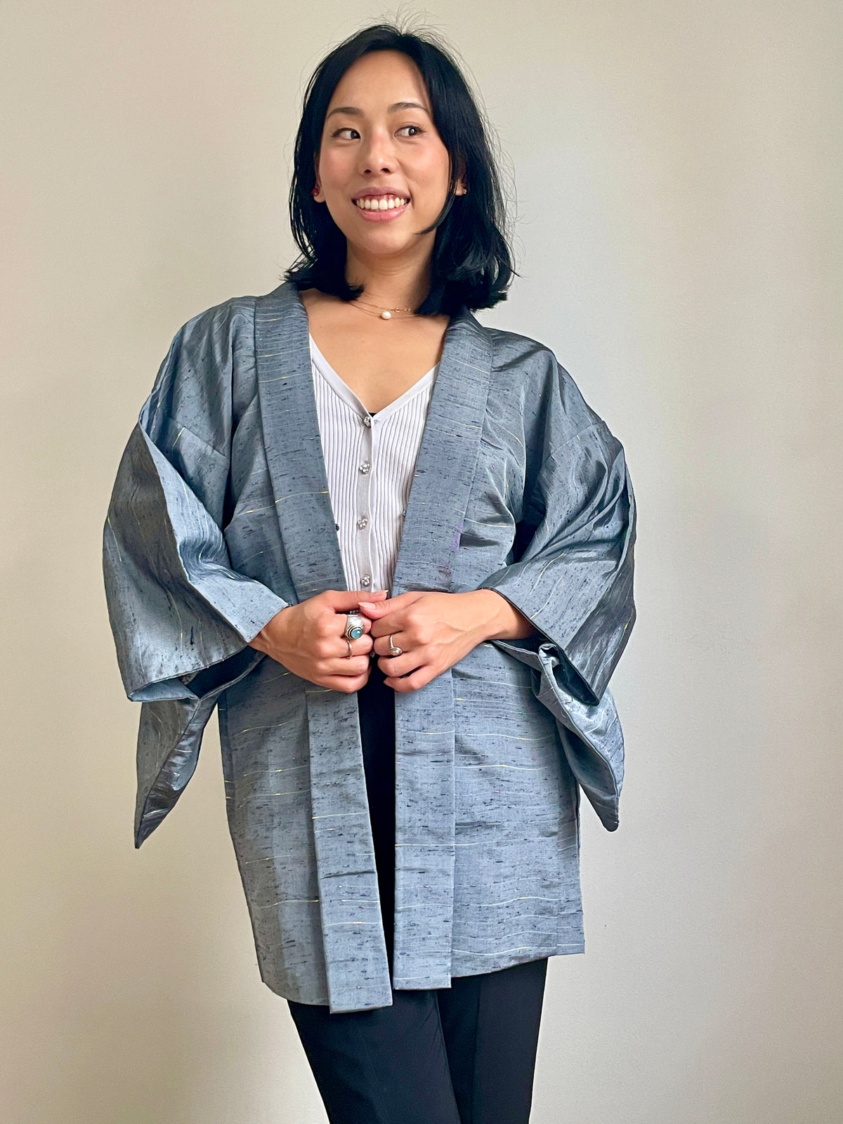 Haori Grey Tsumugi Silk with Colorful Detail