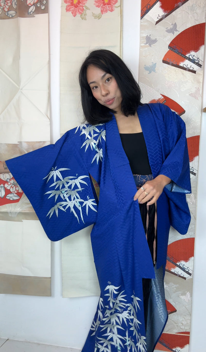Kimono Single Layer Royal Blue with Painted Bamboo in Silk