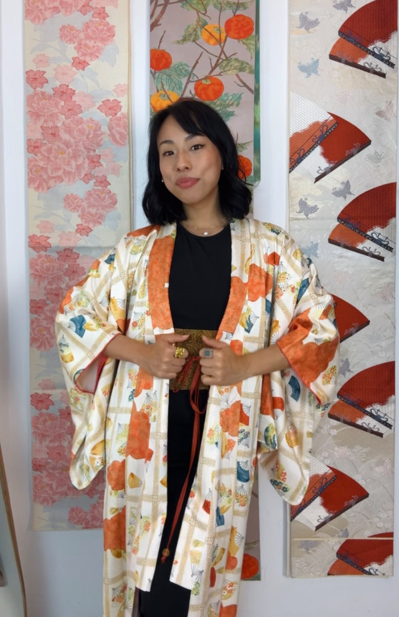 Kimono Japanese Tiles with Fans and Flowers in Silk