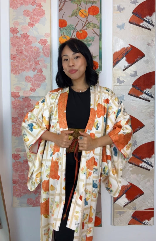 Kimono Japanese Tiles with Fans and Flowers in Silk