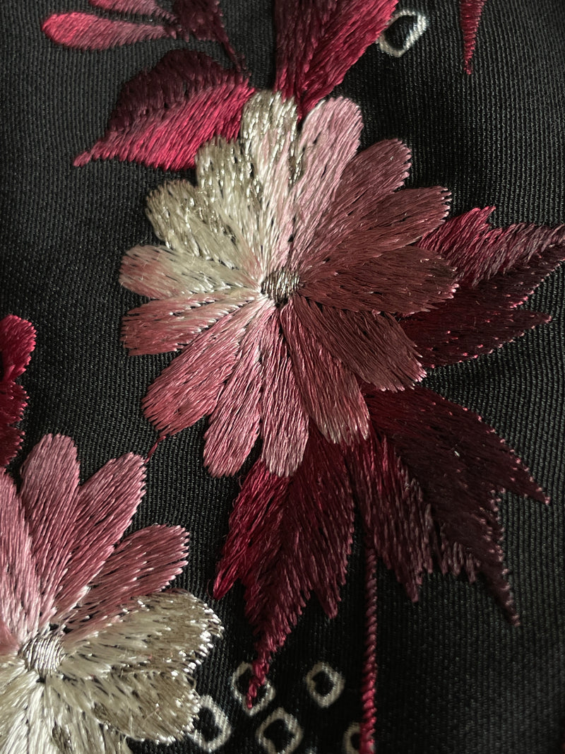 Haori Black with Dark Red Flowers Embroidered in Silk