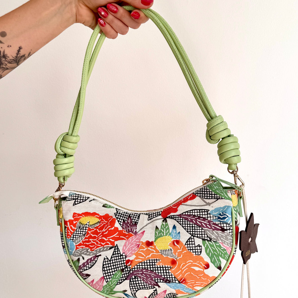 Aiko Bag: Summer Multicolor - from Japanese Obi Sash with Green Leather Strap