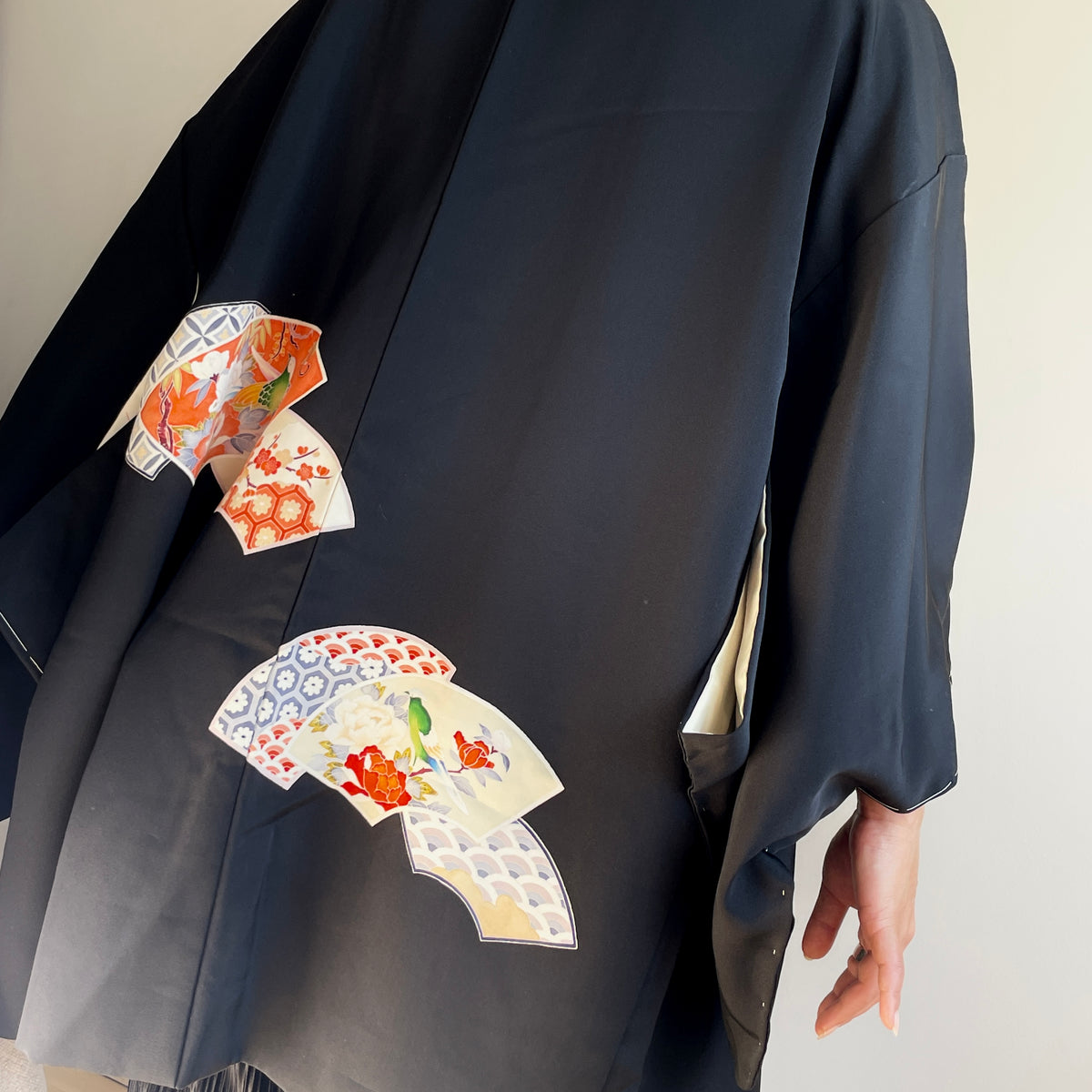 Haori Black with Japanese Fans in Silk